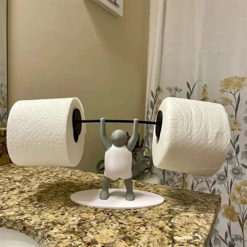 Fun Weightlifter-Themed Toilet Paper Holder, Tissue Holder — Crafted from Unique 3D-Printed Plastic, This Drill-Free Holder Stands Independently Atop the Toilet Tank, Making It a Perfect Decorative Accent for Both Bathrooms and Kitchens.
