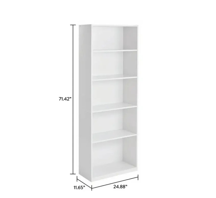 5-Shelf Wood Bookcase with Adjustable Shelves Sturdy Storage Cabinet for Books Décor & Office Supplies Space-Saving Vertical Bookshelf White Finish