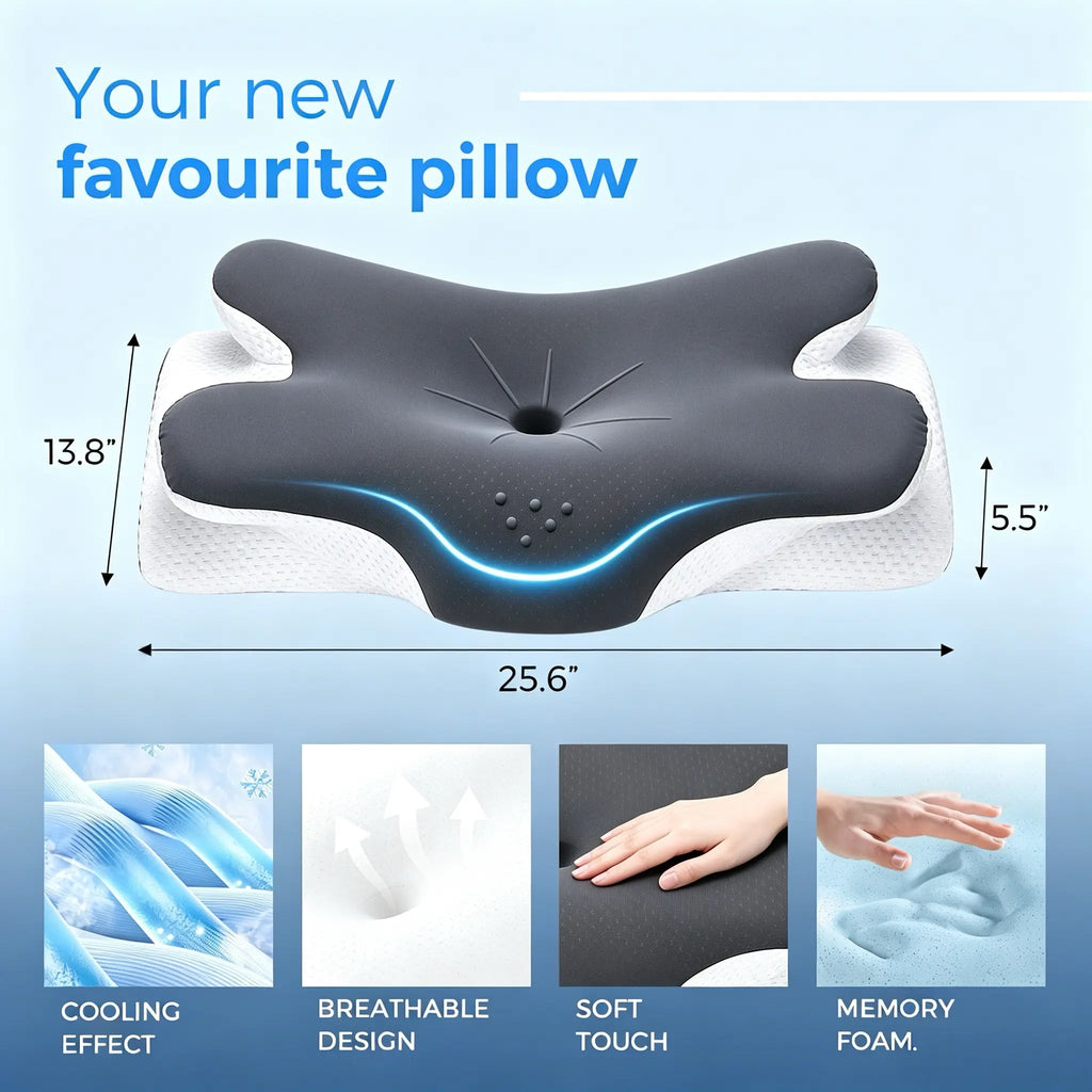 【Fathersdaygift】Vipfree Pro 2.0 Ergonomic Memory Foam Cervical Pillow for Sleeping, Certipur-Us Certified Slow Rebound Foam, Cooling Soft Neck Support for Back Pain Relief, Breathable Gray Pillowcase, Pillows for Sleeping, Bedding, Bed Accessories