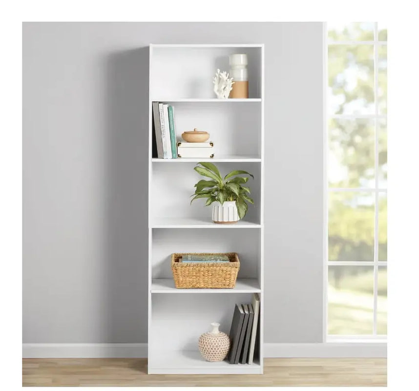 5-Shelf Wood Bookcase with Adjustable Shelves Sturdy Storage Cabinet for Books Décor & Office Supplies Space-Saving Vertical Bookshelf White Finish