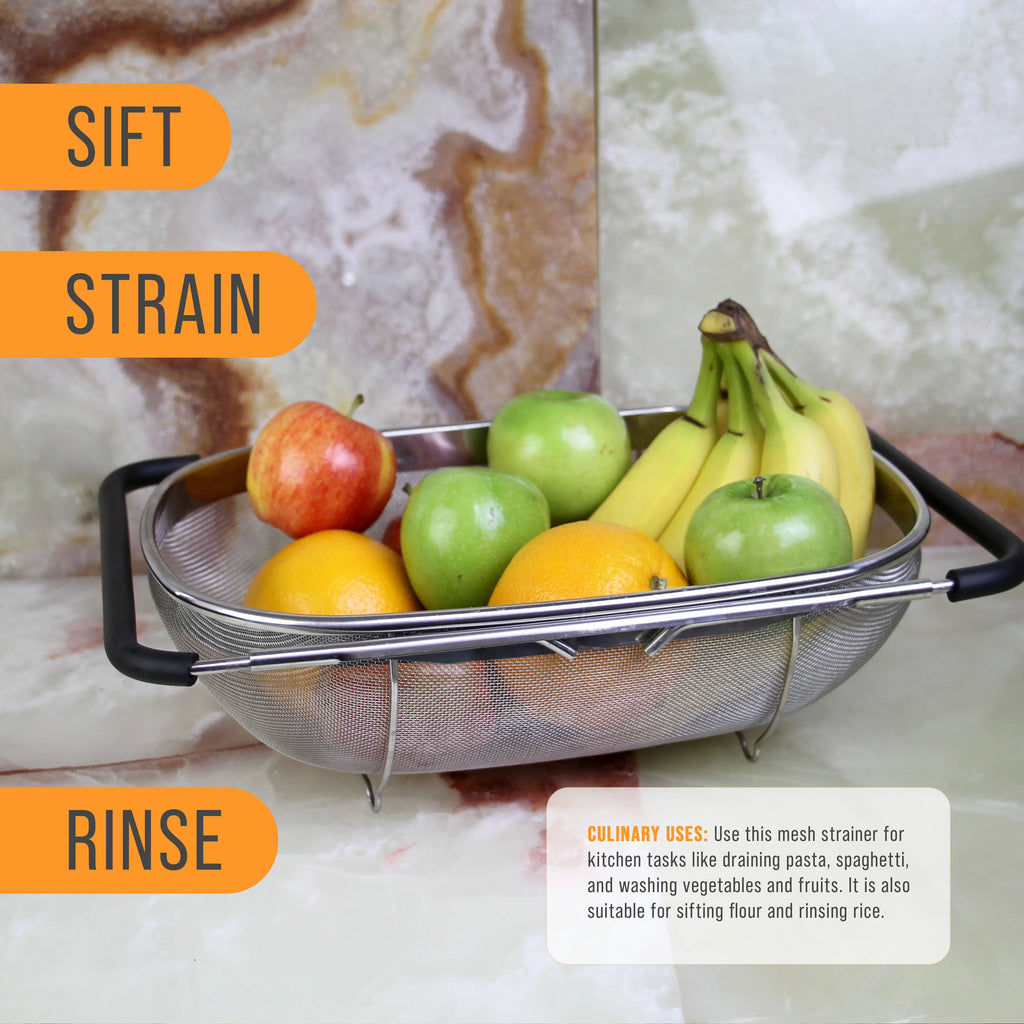 U.S. Kitchen Supply Stainless Steel Colander Strainer - 6-Quart Collapsible Colander with Expandable Rubber Handles - Rectangular Sieve, Fine Mesh Stainless Steel Strainers and Colanders for Kitchen