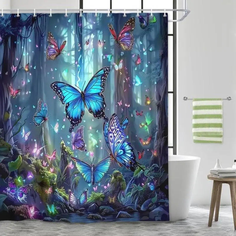 Butterfly Pattern Shower Curtain, 1 Count Waterproof Bathroom Curtain with 12Pcs Hooks, Bathroom Decor Supplies for Home Hotel Salon, Bathroom Decoration Accessories, Bathroom Accessory