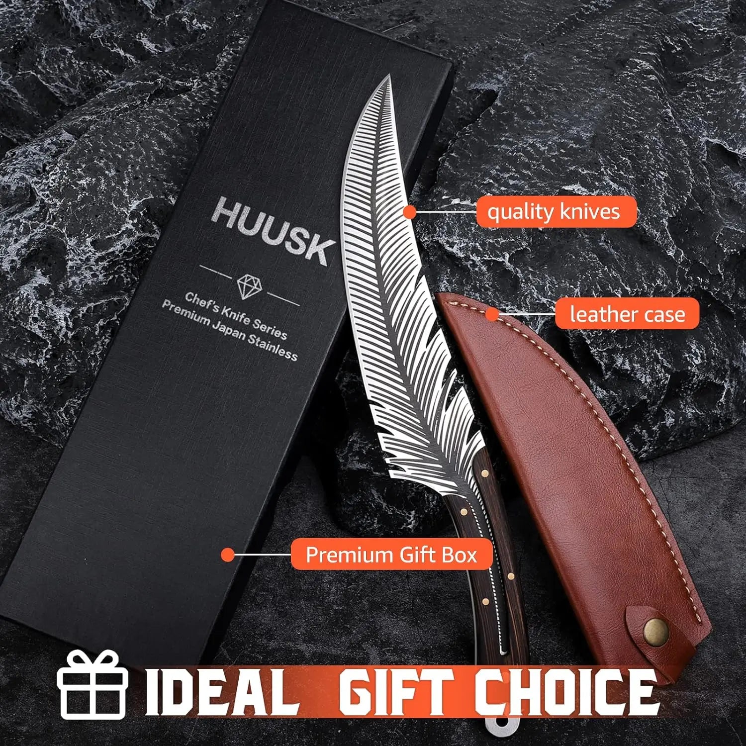 Huusk Professional Chef Knife-Hand-Forged High Carbon Steel Boning Knife, Sharp Feather Blade for Meat, Steak & Pineapple with Wooden Handle & Sheath– Perfect Father'S Day Gift!