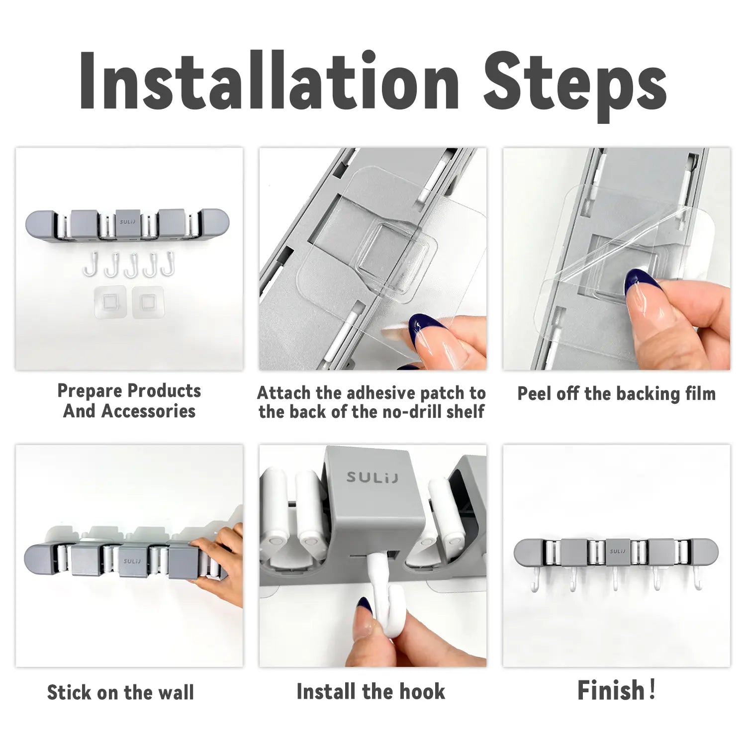 Multifunctional Mop Holder with Hook, Broom Mop Holder with 4 Racks 5 Hooks, Heavy Duty Mop Holder, Self Adhesive Mop Holder Wall Mounted, Broom Holder Wall Mount for Kitchen, Bathroom, Closet