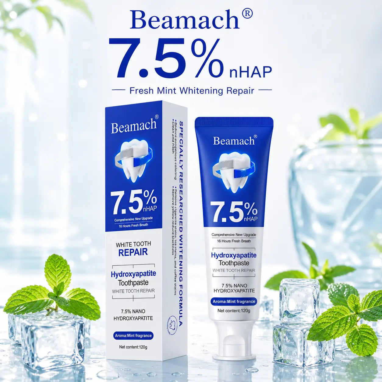 Beamach Hydroxyapatite Toothpaste 7.5% - Enamel Repair & Natural Whitening, Mint Flavor, Fluoride-Free, Gentle for Sensitive Teeth, 4.23Oz Oral Hygiene Essentials