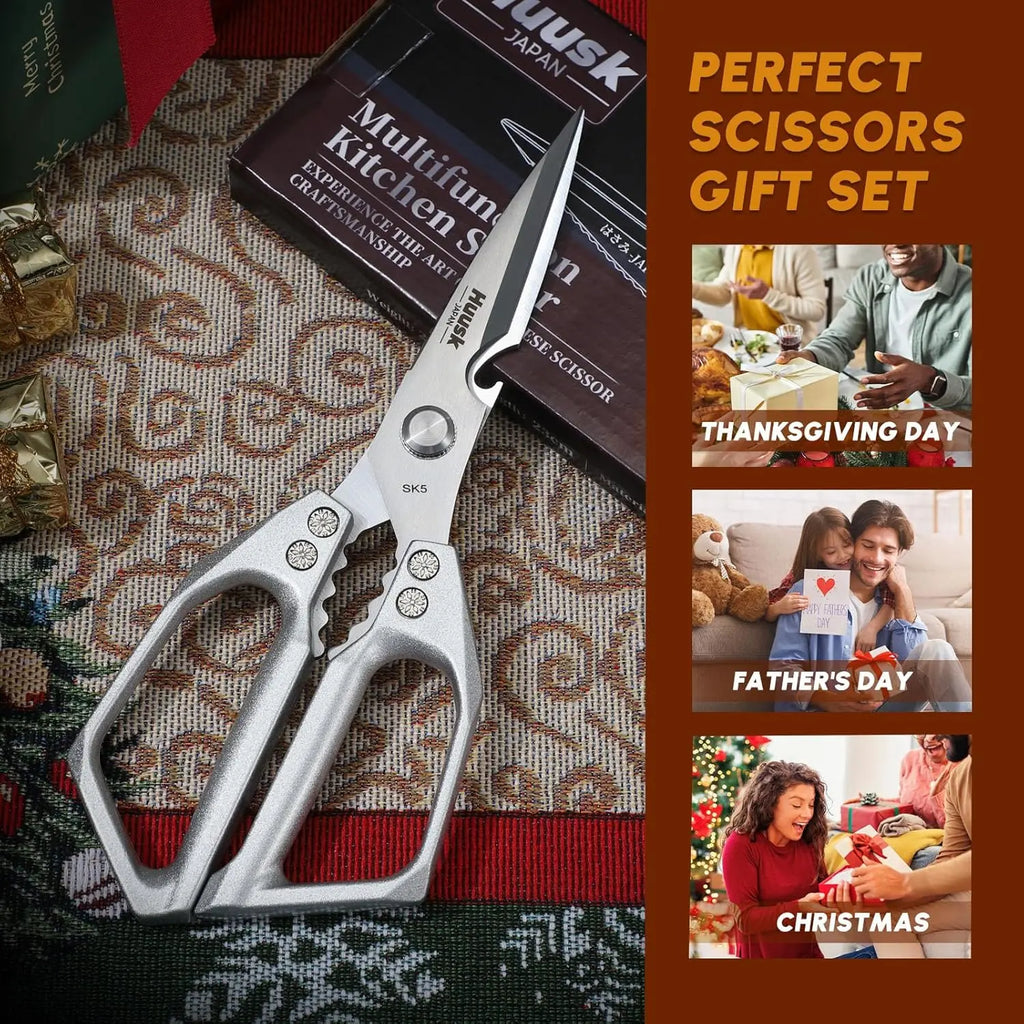 HUUSK Kitchen Scissors All Purpose -Fallfreshness- Stainless Steel Kitchen Shears, Sharp Silver Meat Scissors, Dishwasher Safe, Poultry Shears, Japanese Cooking Scissors for Food, Chicken Bones, and Turkey, Christmas Gift!