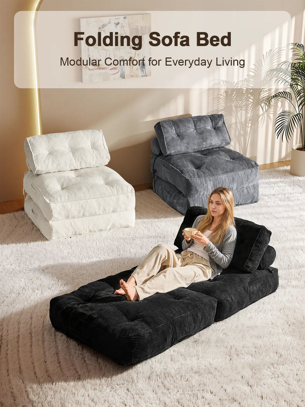 【Dealsforyoudays】Onbrill Folding Sofa Bed with Pillow, Convertible Sleeper Chair with Back Support, Corduroy Portable Fold Out Chair Bed, Comfy Floor Sofa Lounge for Living Room, Single