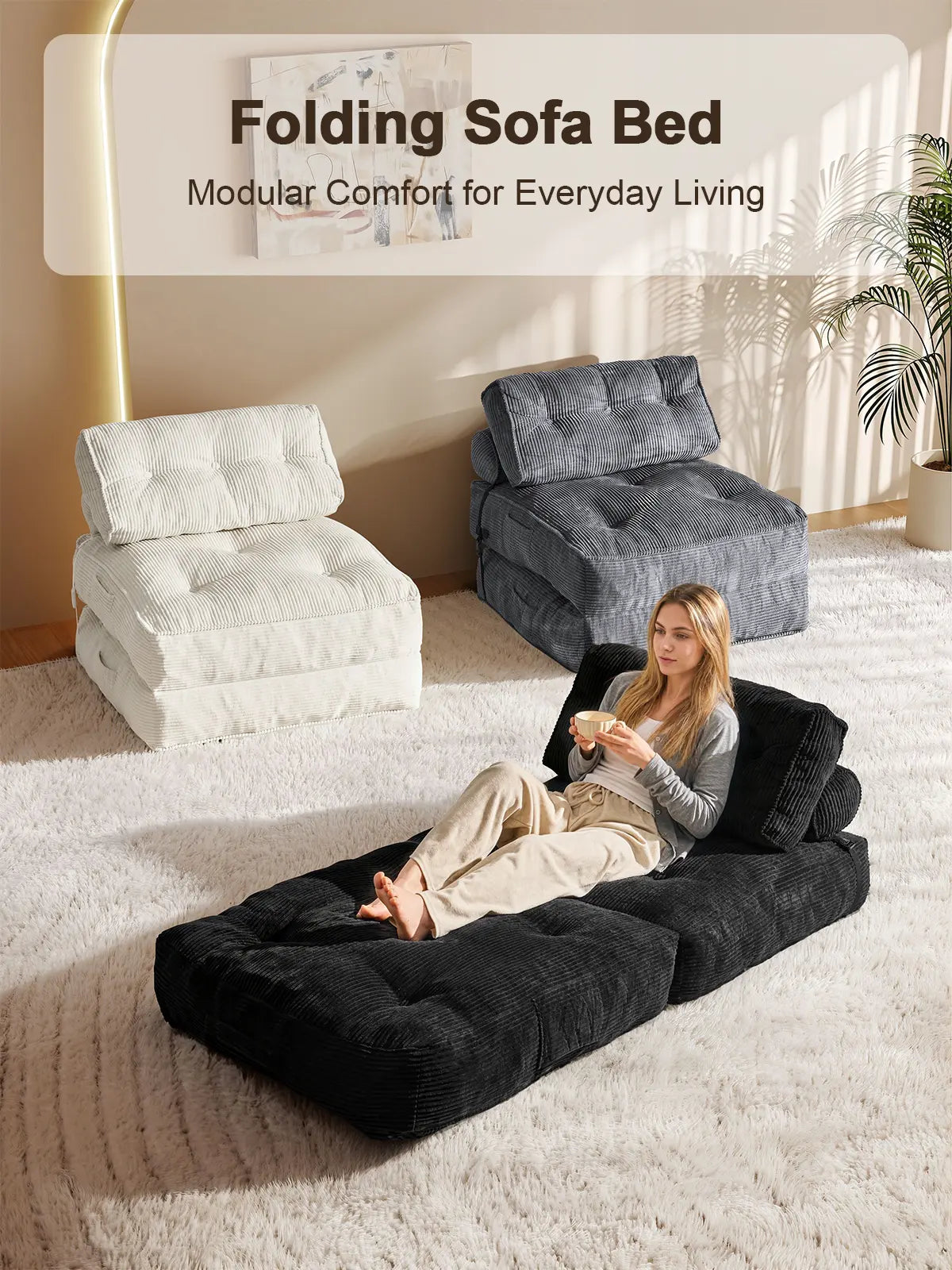 【Dealsforyoudays】Onbrill Folding Sofa Bed with Pillow, Convertible Sleeper Chair with Back Support, Corduroy Portable Fold Out Chair Bed, Comfy Floor Sofa Lounge for Living Room, Single