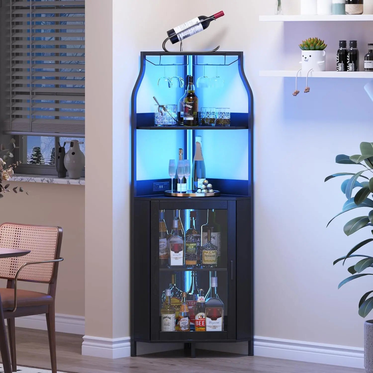 Corner Wine Cabinet with Removable Wine Rack, Industrial Wine Cabinet with Glass Holder and Mesh Door, Liquor Coffee Bar Cabinet with Adjustable Shelves