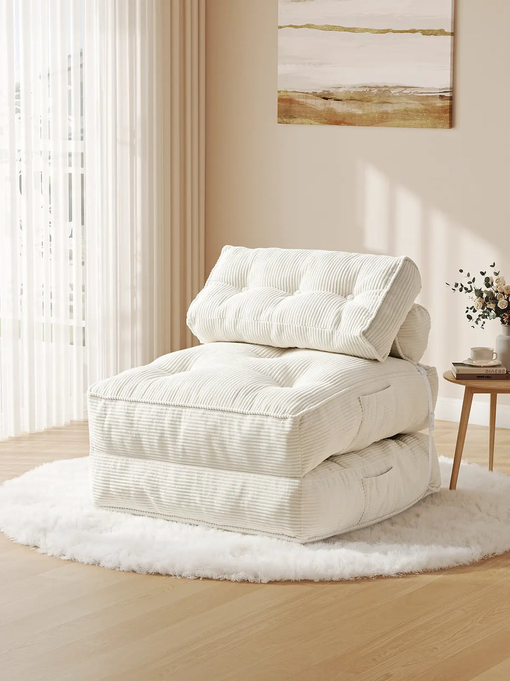 【Dealsforyoudays】Onbrill Folding Sofa Bed with Pillow, Convertible Sleeper Chair with Back Support, Corduroy Portable Fold Out Chair Bed, Comfy Floor Sofa Lounge for Living Room, Single