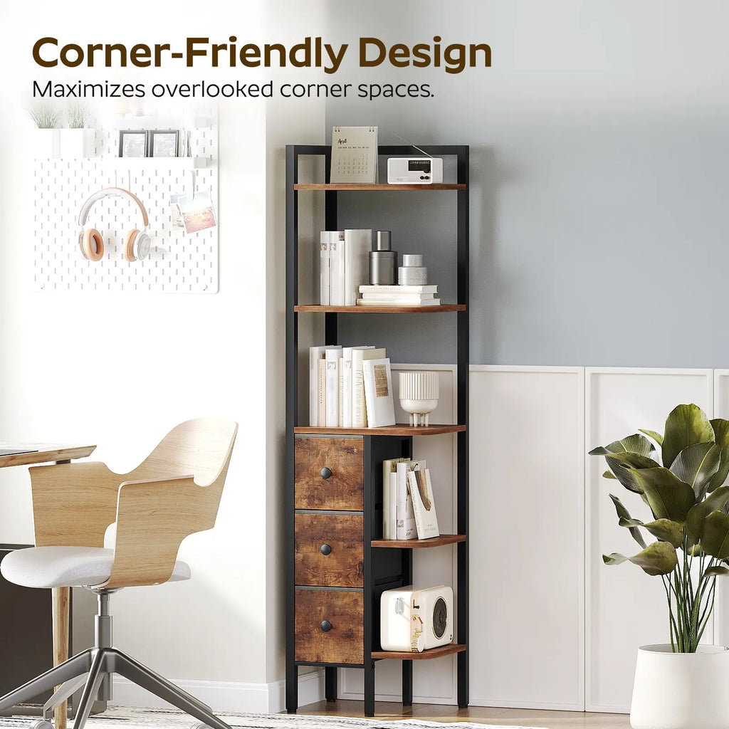 YATINEY Corner Shelf Stand, 5-Tier Corner Bookshelf with 3 Drawers, Industrial Display Shelf for Narrow Spaces, Wooden Small Bookcase, Easy Assembly, Rustic Brown and Black #Summervibes