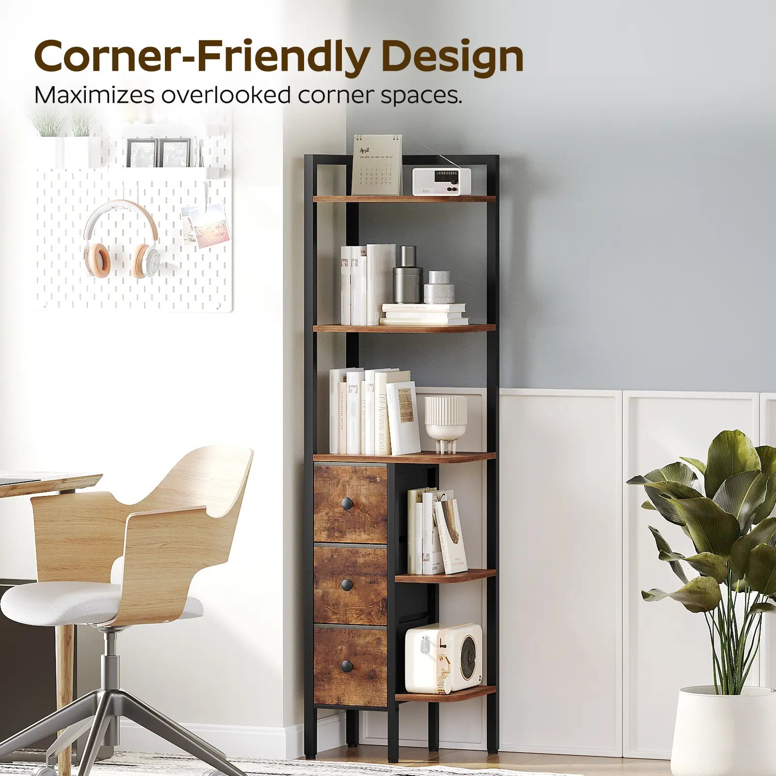YATINEY Corner Shelf Stand, 5-Tier Corner Bookshelf with 3 Drawers, Industrial Display Shelf for Narrow Spaces, Wooden Small Bookcase, Easy Assembly, Rustic Brown and Black #Summervibes