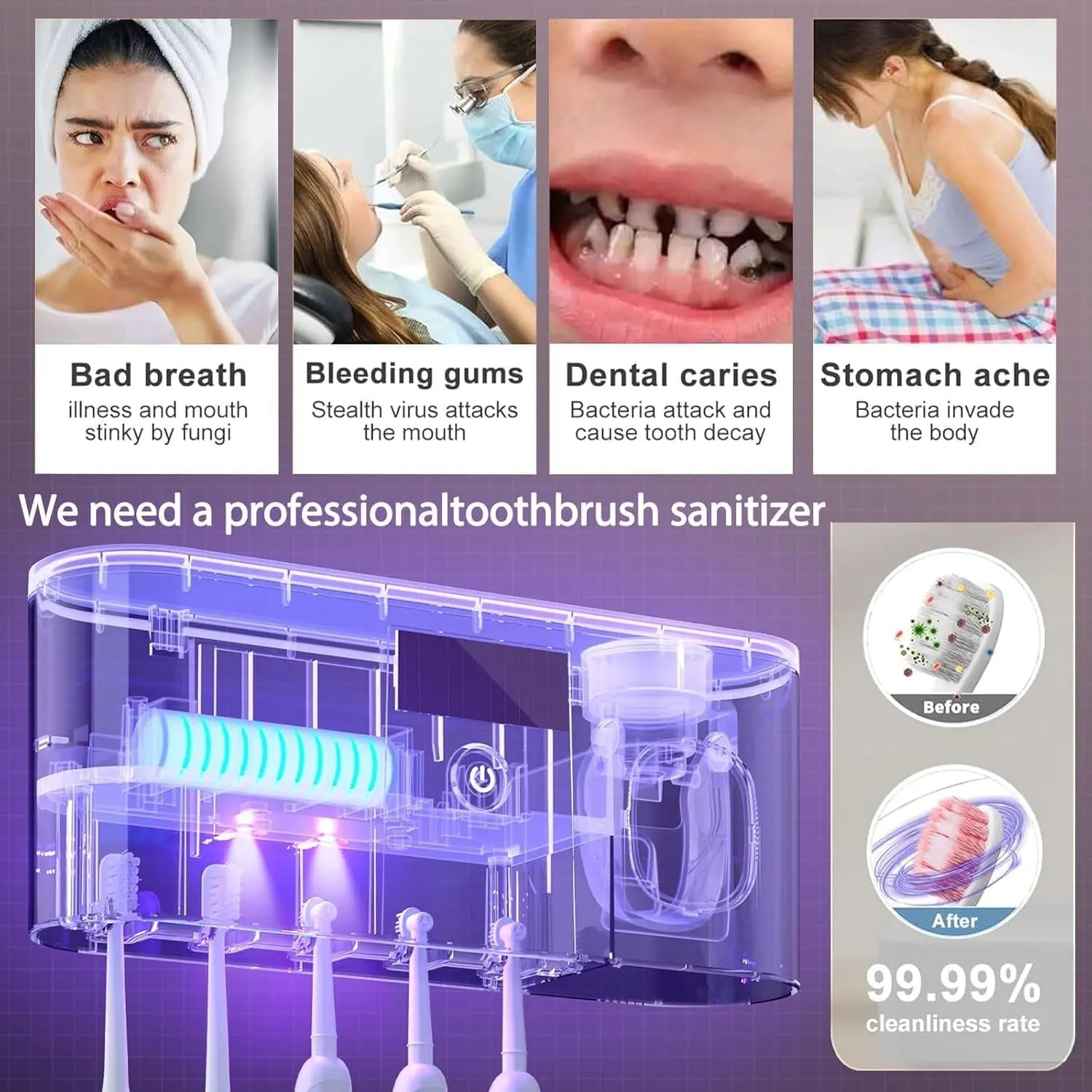 Wall-Mounted Toothbrush Holder for Bathroom - Adhesive-Backed No-Drilling Design, Multi-Slot Bathroom Organizer for Toothbrushes & Toothpaste, Solar-Charged Storage Stand, Apartment Accessories
