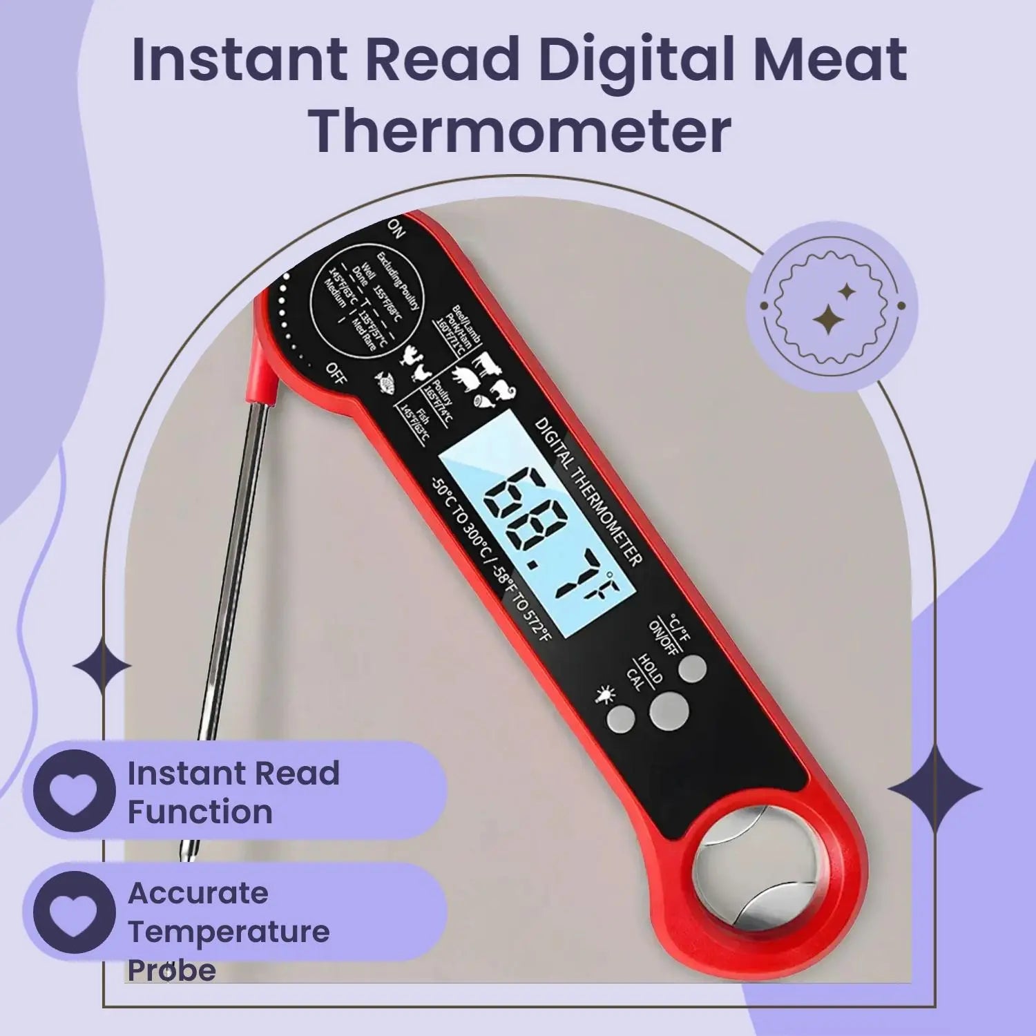 Digital Meat Thermometer, Food Thermometer, 1 Count Instant Reading Measuring Meat Thermometer, Digital Probe for Kitchen Accessories, Kitchen Gadgets for Grilling and Cooking, Kitchenware