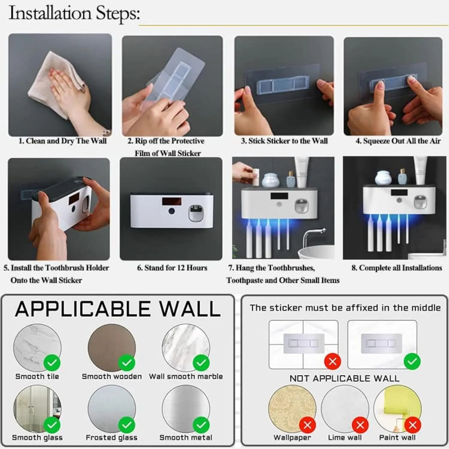 Wall-Mounted Toothbrush Holder for Bathroom - Adhesive-Backed No-Drilling Design, Multi-Slot Bathroom Organizer for Toothbrushes & Toothpaste, Solar-Charged Storage Stand, Apartment Accessories