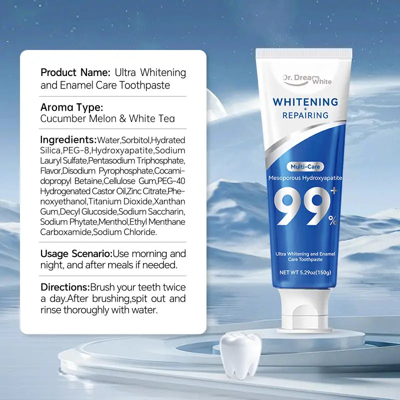 Dr.Dreamwhite Mesoporous Hydroxyapatite Mhap Toothpaste | Ultra Whitening & Enamel Reparing | Fresh Breath | Cucumber Melon & White Tea Flavor | 5.29Oz