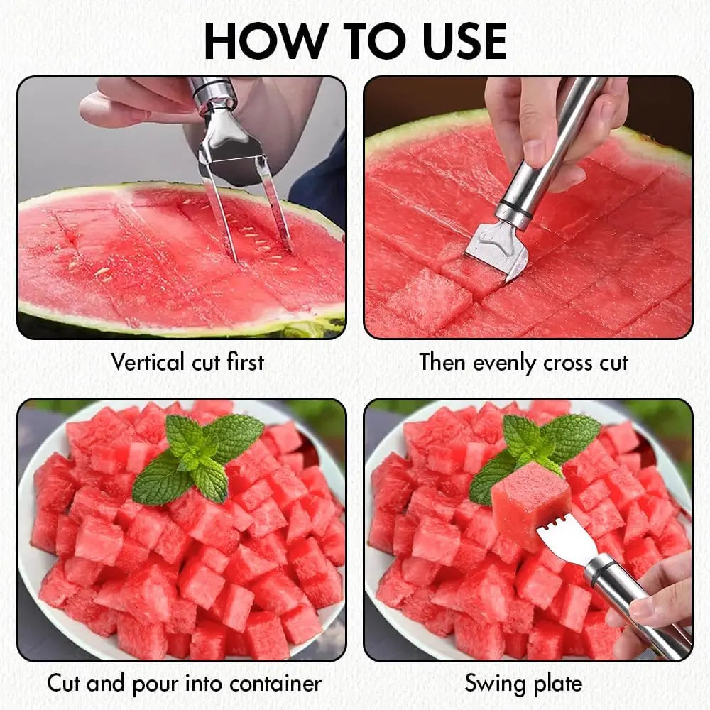 【2 Pack】Watermelon Fork Slicer,Watermelon Cubecutter Tool, 2-In-1 Stainless Steel Fruit Cutter, Dualhead Fruit Forks Slicer Knife with round Handle,Fruitcutting Kitchen Utensils,Portable Modern #Summervibes