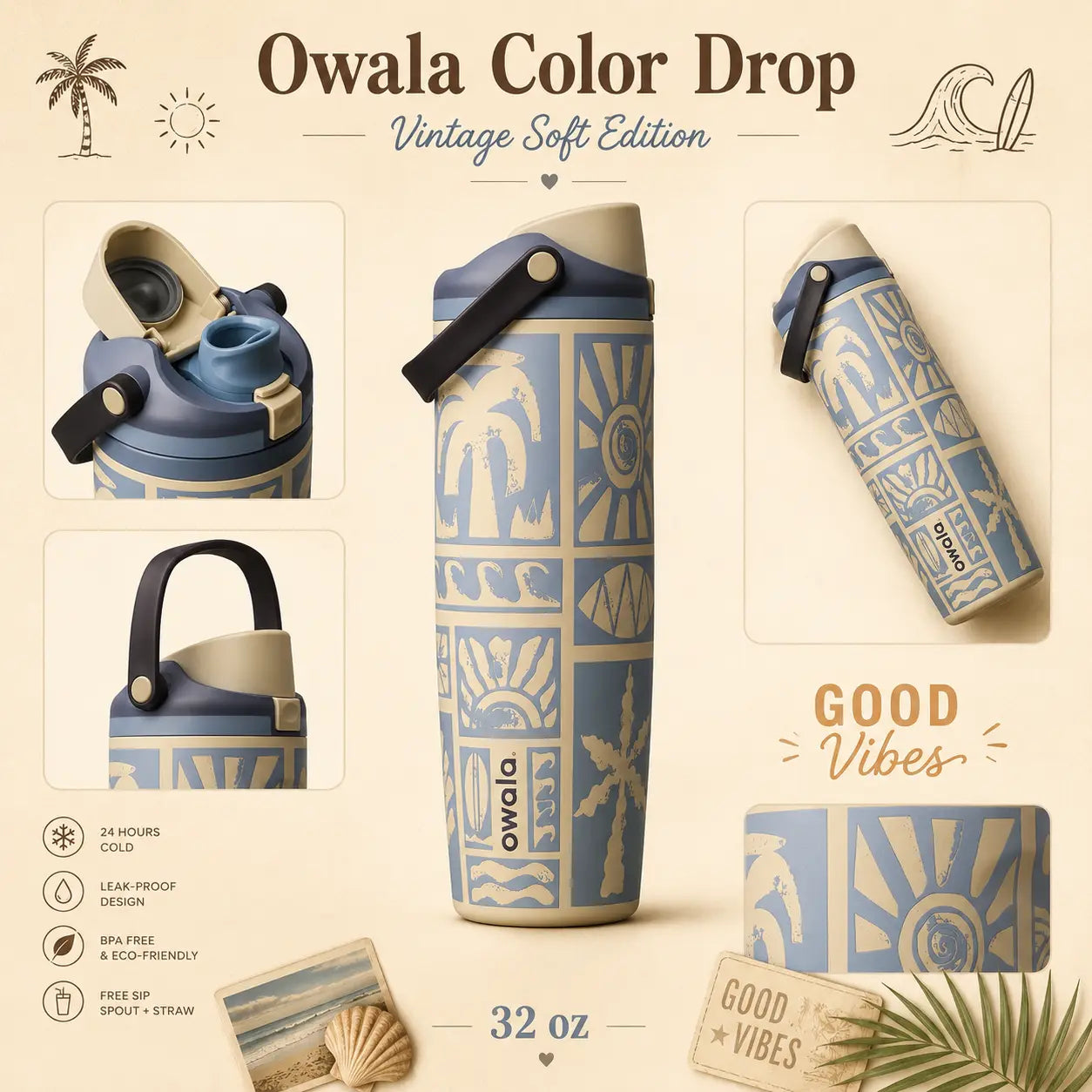 Owala Summer Vibes 30Oz Freesip Sway Tumbler – Surf Inspired Insulated Travel Bottle, Leak Resistant Stainless Steel Drink Cup
