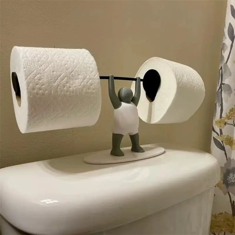 Fun Weightlifter-Themed Toilet Paper Holder, Tissue Holder — Crafted from Unique 3D-Printed Plastic, This Drill-Free Holder Stands Independently Atop the Toilet Tank, Making It a Perfect Decorative Accent for Both Bathrooms and Kitchens.