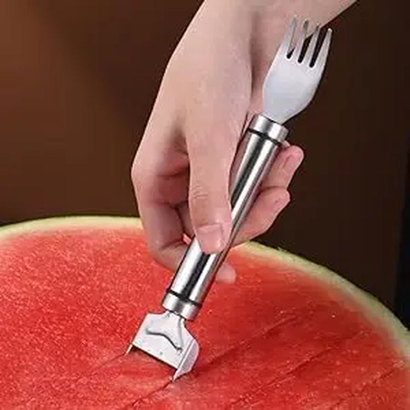 【2 Pack】Watermelon Fork Slicer,Watermelon Cubecutter Tool, 2-In-1 Stainless Steel Fruit Cutter, Dualhead Fruit Forks Slicer Knife with round Handle,Fruitcutting Kitchen Utensils,Portable Modern #Summervibes