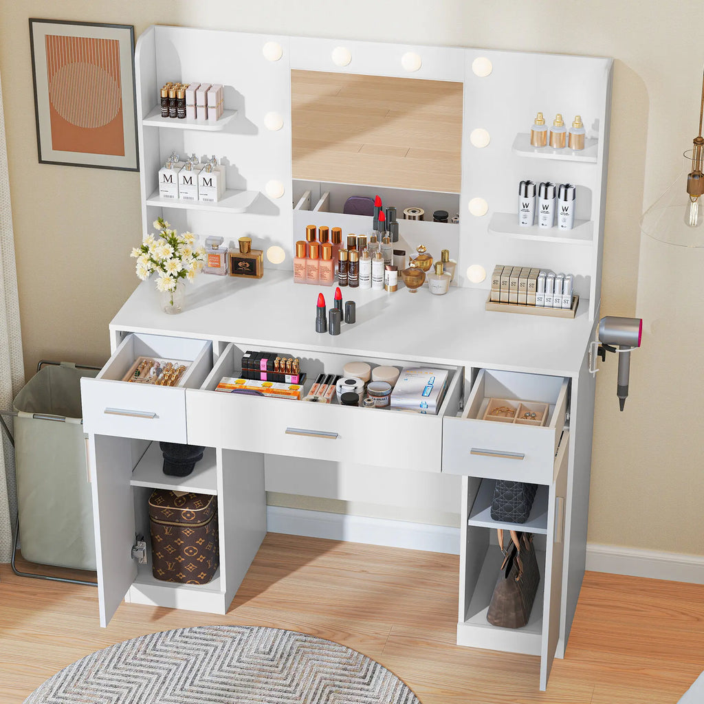 Vanity Table Set - Dresser with Lighted Mirror, Power Outlet, Drawers and Shelves, Cabinet & Hair Dryer Holder for Bedroom Girls