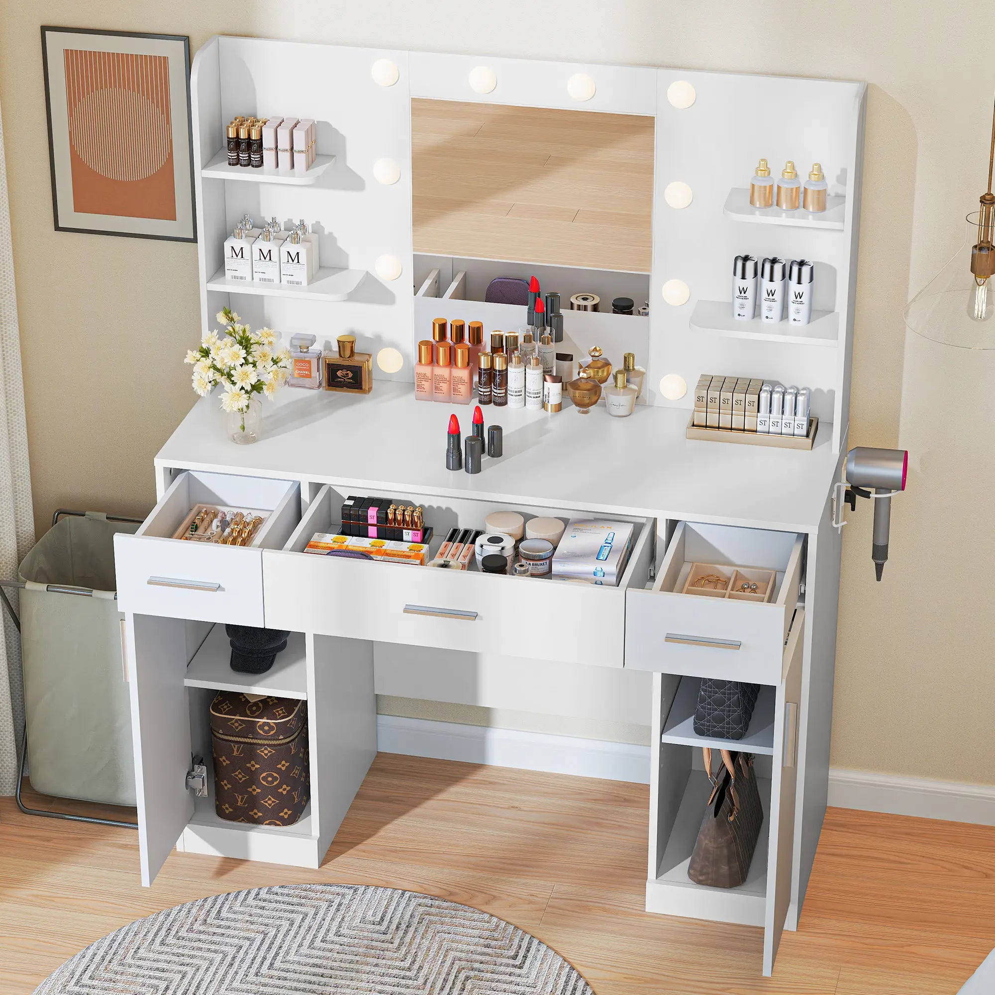 Vanity Table Set - Dresser with Lighted Mirror, Power Outlet, Drawers and Shelves, Cabinet & Hair Dryer Holder for Bedroom Girls