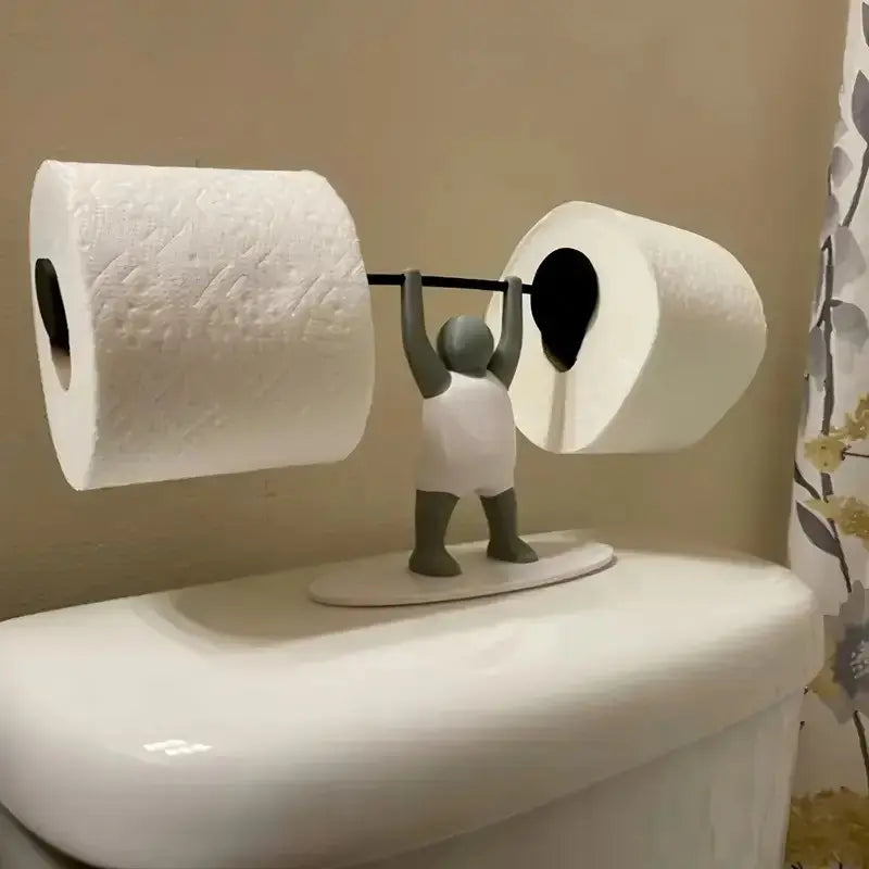 Fun Weightlifter-Themed Toilet Paper Holder, Tissue Holder — Crafted from Unique 3D-Printed Plastic, This Drill-Free Holder Stands Independently Atop the Toilet Tank, Making It a Perfect Decorative Accent for Both Bathrooms and Kitchens.