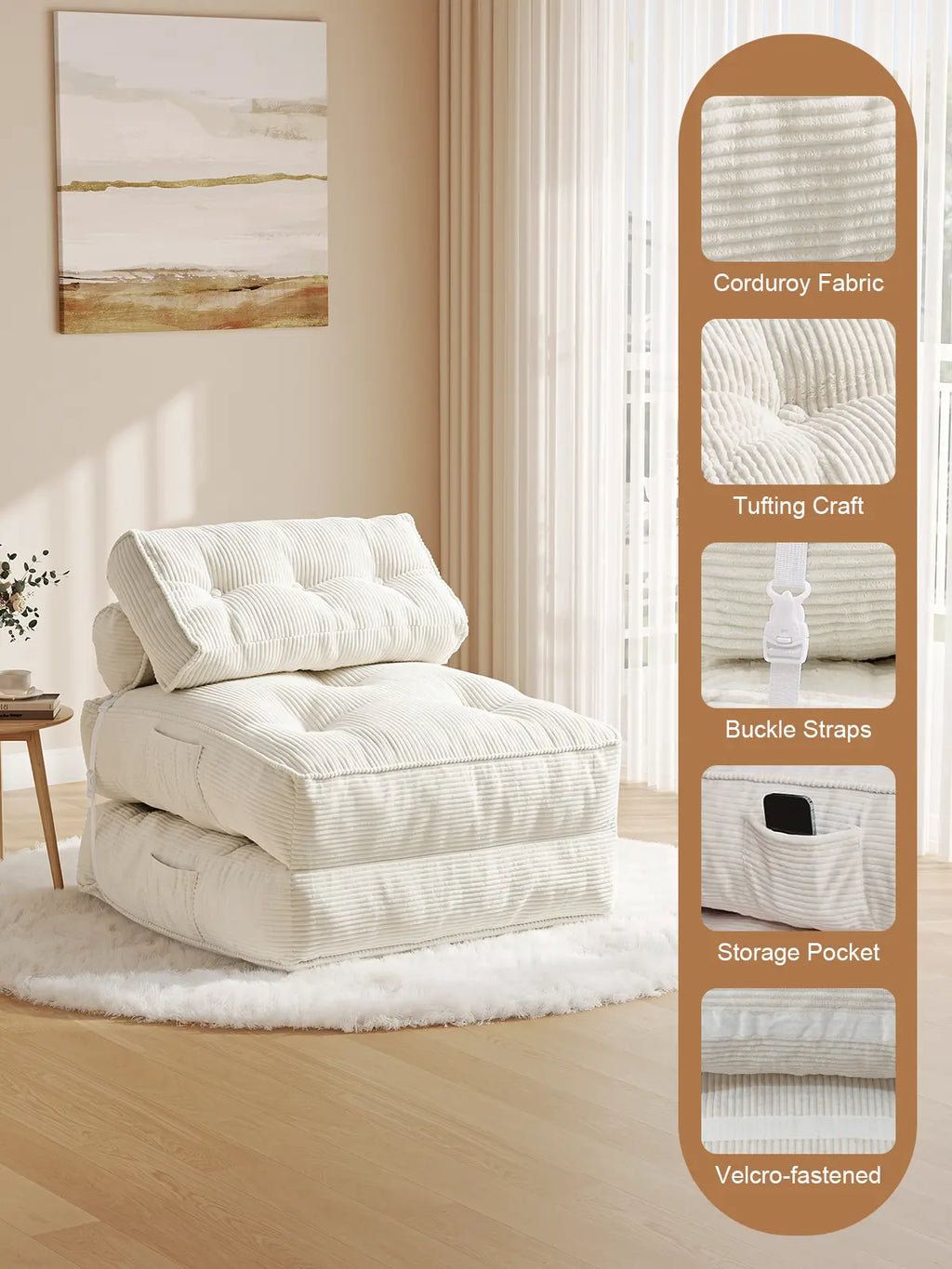 【Dealsforyoudays】Onbrill Folding Sofa Bed with Pillow, Convertible Sleeper Chair with Back Support, Corduroy Portable Fold Out Chair Bed, Comfy Floor Sofa Lounge for Living Room, Single
