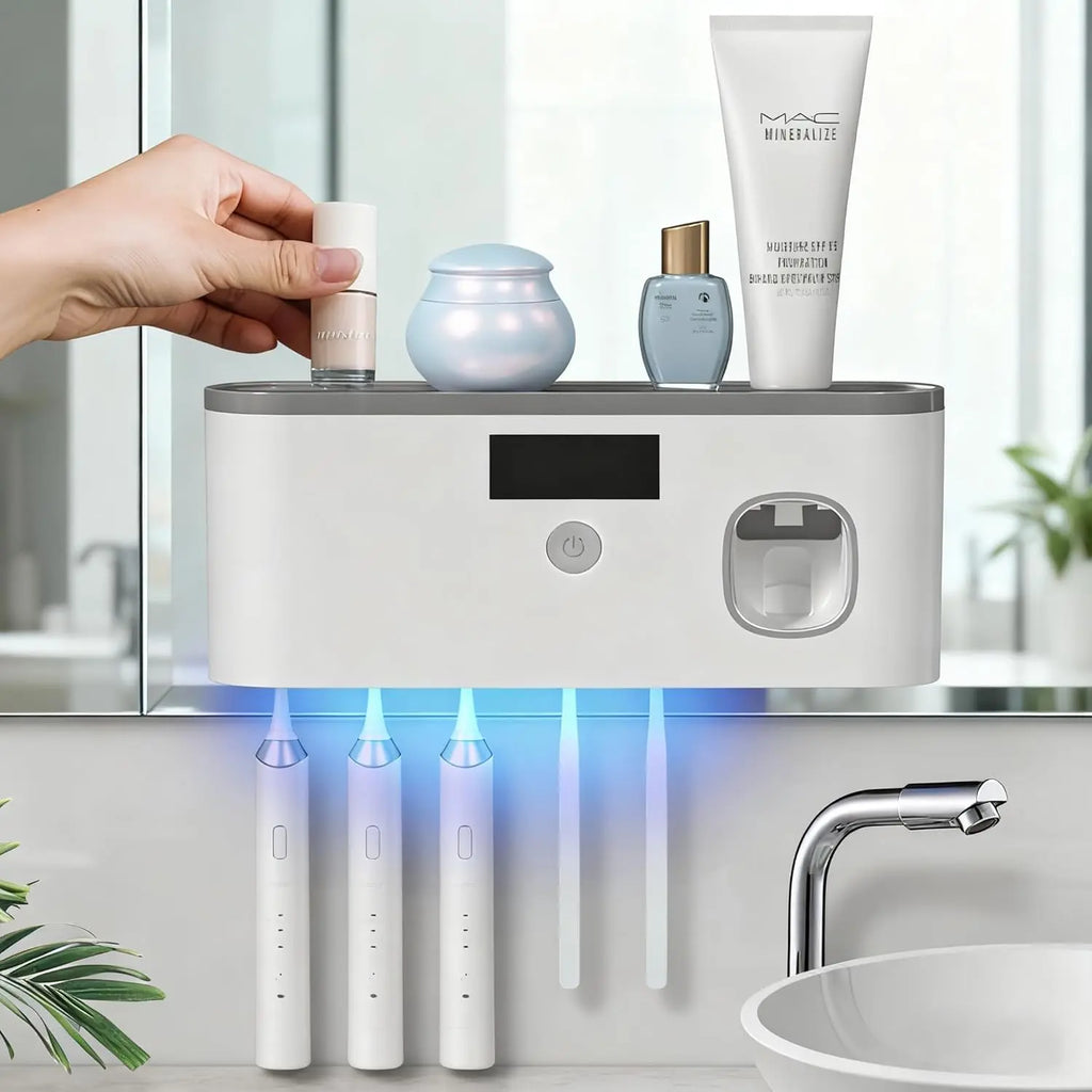 Wall-Mounted Toothbrush Holder for Bathroom - Adhesive-Backed No-Drilling Design, Multi-Slot Bathroom Organizer for Toothbrushes & Toothpaste, Solar-Charged Storage Stand, Apartment Accessories