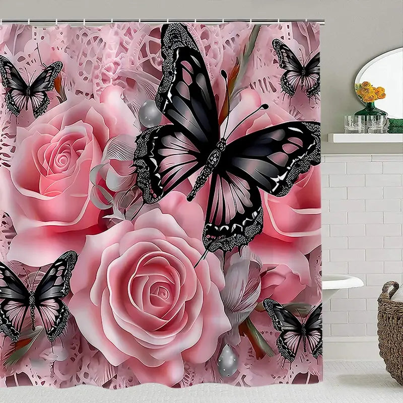 Creative Romantic Floral Insect Style Rose Flower Shower Curtain Set, 180X180Cm, Includes Hooks and Mat, Home Bathroom Decor Gift, Bathroom Accessory