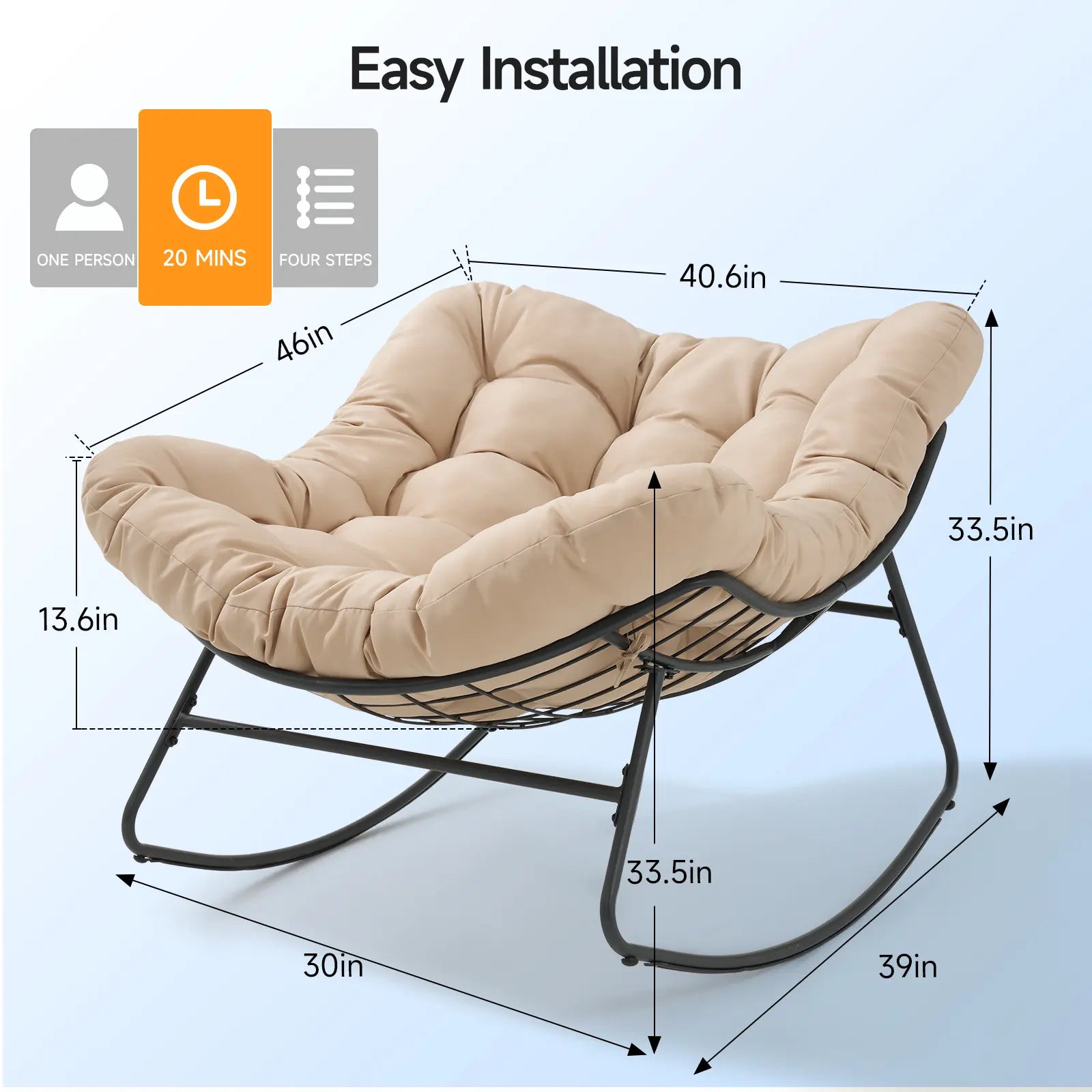 Papasan Rocking Chair Indoor, Oversized Rocking Chair with Thickened Cushion, 450 Lbs Large Comfy Egg Chair Indoor,Cozy Lounge Reading Glider Chair for Bedroom, Blue