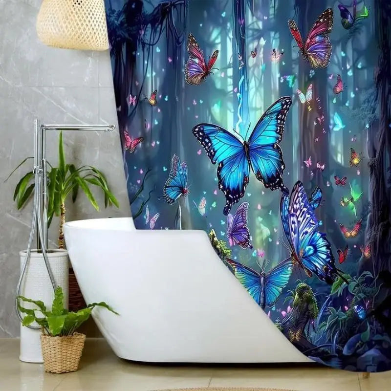 Butterfly Pattern Shower Curtain, 1 Count Waterproof Bathroom Curtain with 12Pcs Hooks, Bathroom Decor Supplies for Home Hotel Salon, Bathroom Decoration Accessories, Bathroom Accessory