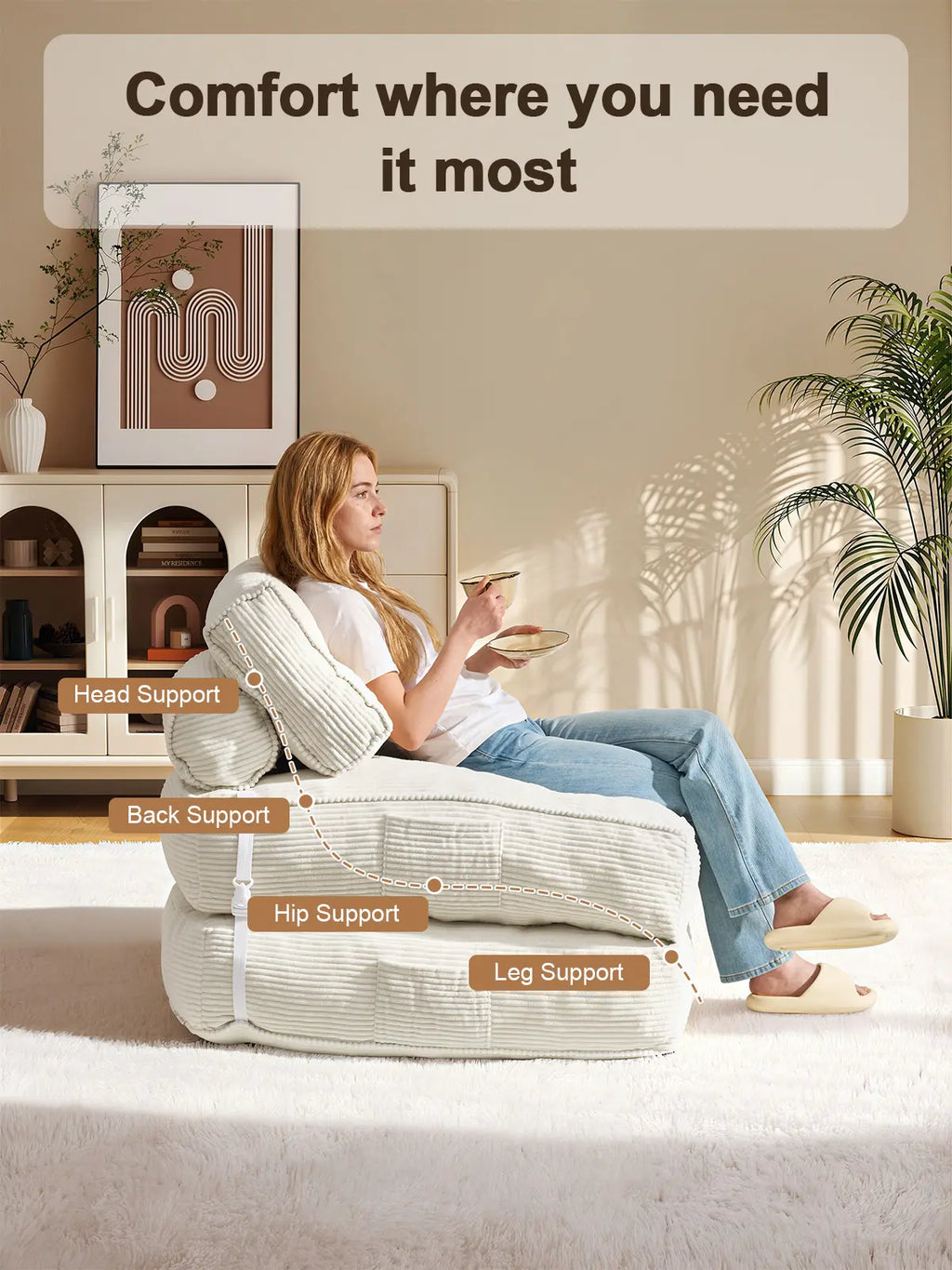 【Dealsforyoudays】Onbrill Folding Sofa Bed with Pillow, Convertible Sleeper Chair with Back Support, Corduroy Portable Fold Out Chair Bed, Comfy Floor Sofa Lounge for Living Room, Single