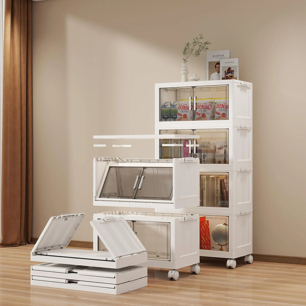 Naviconvex 400QT / 600QT / 750QT XXXXL Extra Large Foldable Storage Cabinet with Magnetic Doors & Wheels – 25.6In / 29.5In / 34.7In Width, 3/4/5 Tier Stackable Plastic Organizer for Kitchen, Bathroom, Bedroom & Closet, Closet Organizati