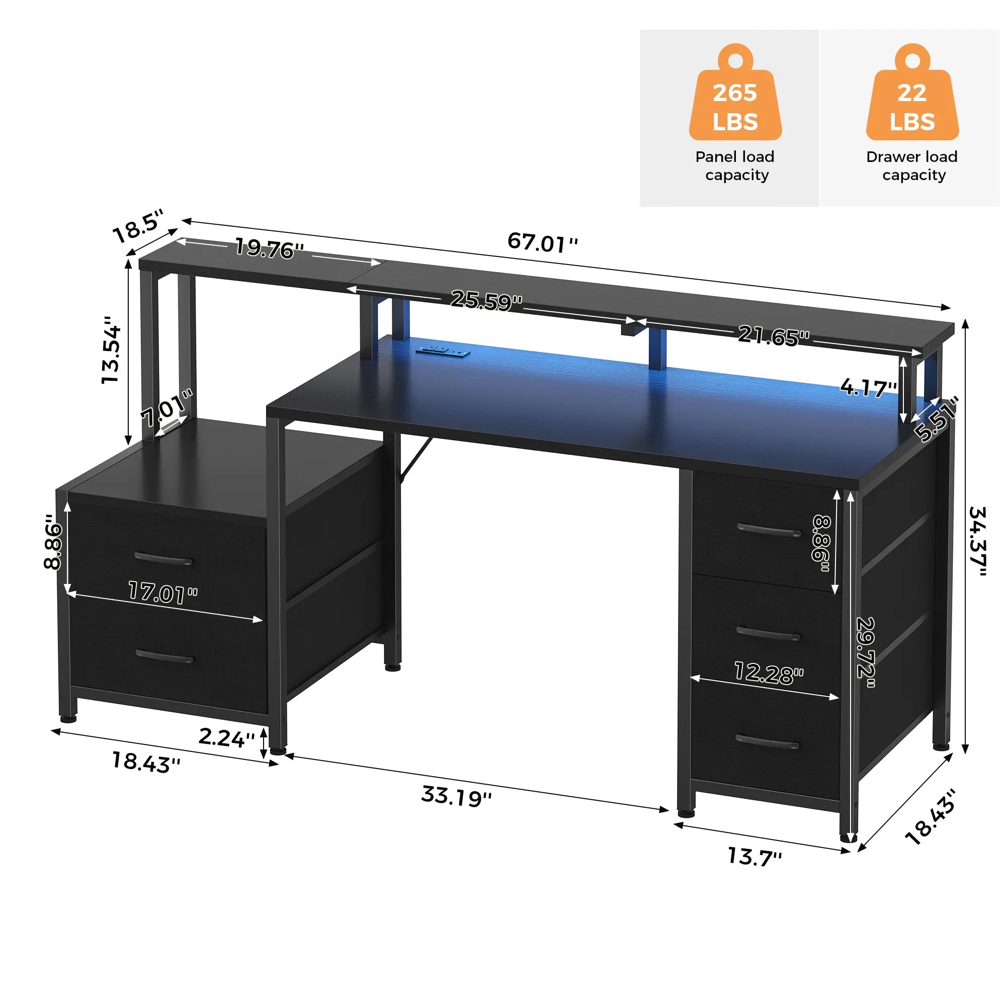 67'' Computer Desk with 4 Drawer, Printer Cabinet and Power Outlet