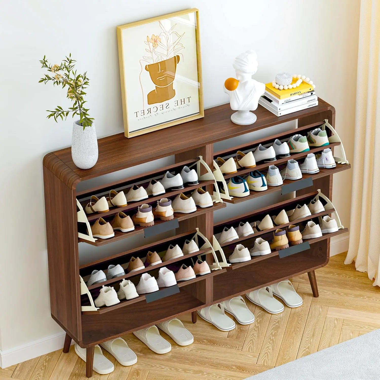 Giratree 47" Fluted Large Shoe Cabinet with 4 Flip Drawers, Slim Freestanding Shoe Cabinet Organizer, Narrow Shoes Storage Rack for Entryway, 5 Sturdy Legs