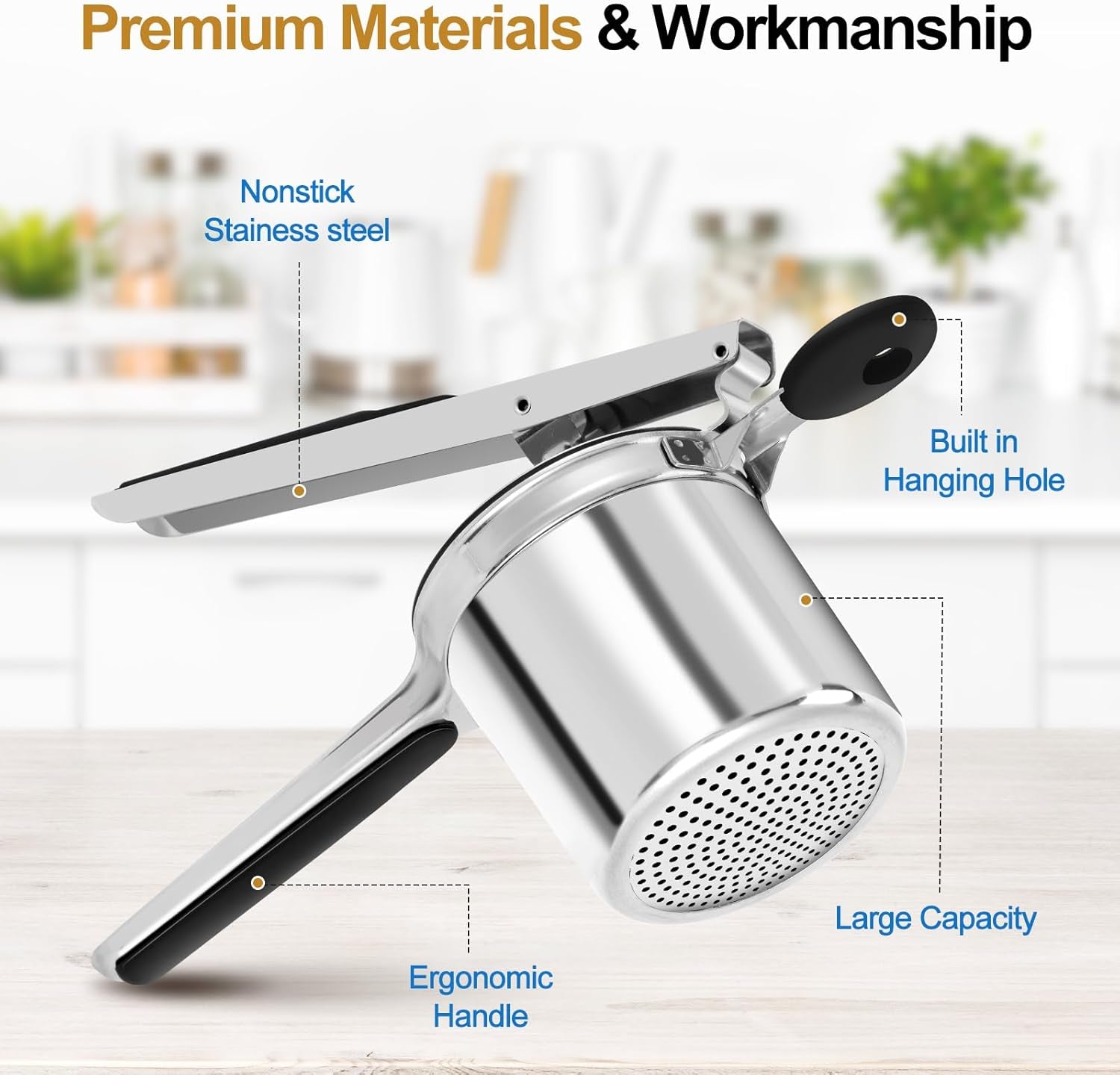 Potato Ricer, Heavy Duty Ricer for Mashed Potatoes, Large Potato Masher Stainless Steel with Ergonomic Handle, Efficiently for Fluffy Mashed Potatoes