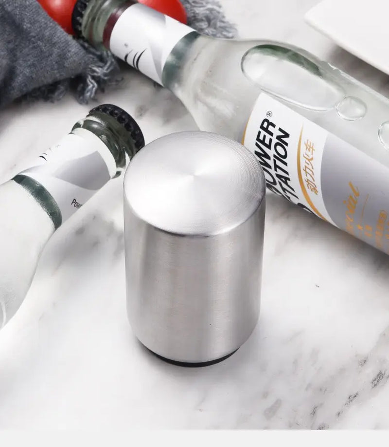 Premium Beer Bottle Opener (Silver), Magnetic Automatic Stainless Steel Push down Opener, No Cap Can Escape, Quick Open Cap for Kitchen Home Bar Restaurant Household Utensils