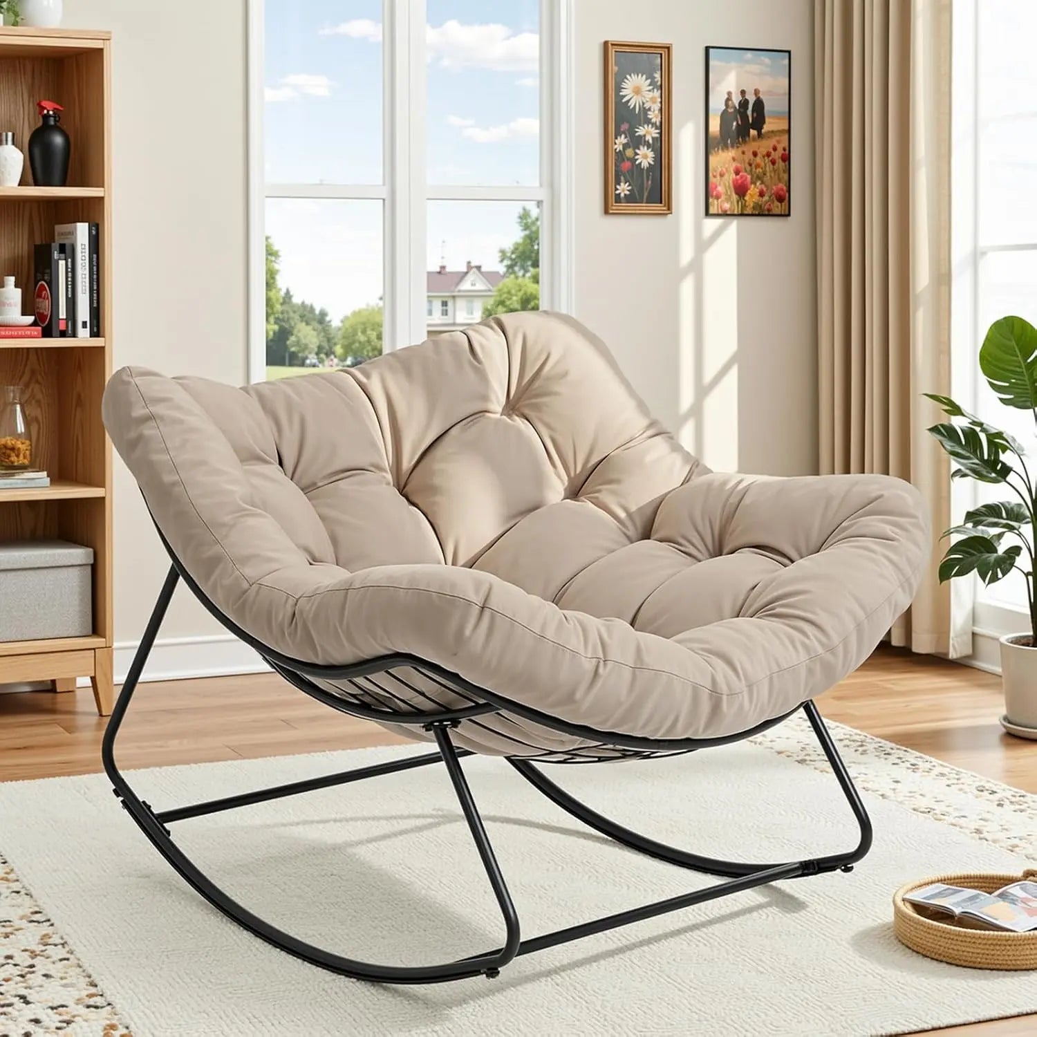 Papasan Rocking Chair Indoor, Oversized Rocking Chair with Thickened Cushion, 450 Lbs Large Comfy Egg Chair Indoor,Cozy Lounge Reading Glider Chair for Bedroom, Blue