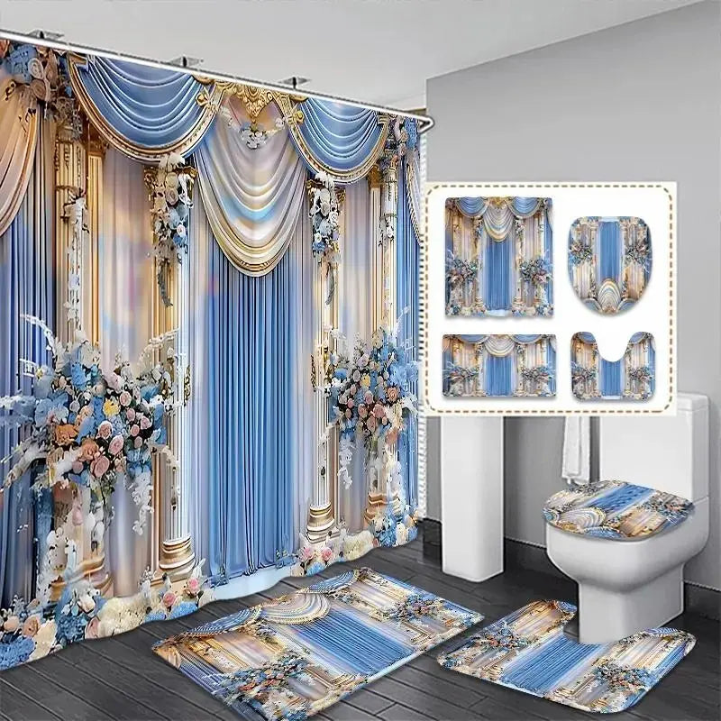1/4 Pcs Elegant Floral Pattern Bathroom Curtain Set, Festive Design, Non-Slip Floor Mat, U-Shaped Rug, Toilet Seat Cover, Perfect for Bathroom Decoration, Partition, Beautify the Space, 12 Free Shower Curtain Hooks, Bathroom Decoration Accessories