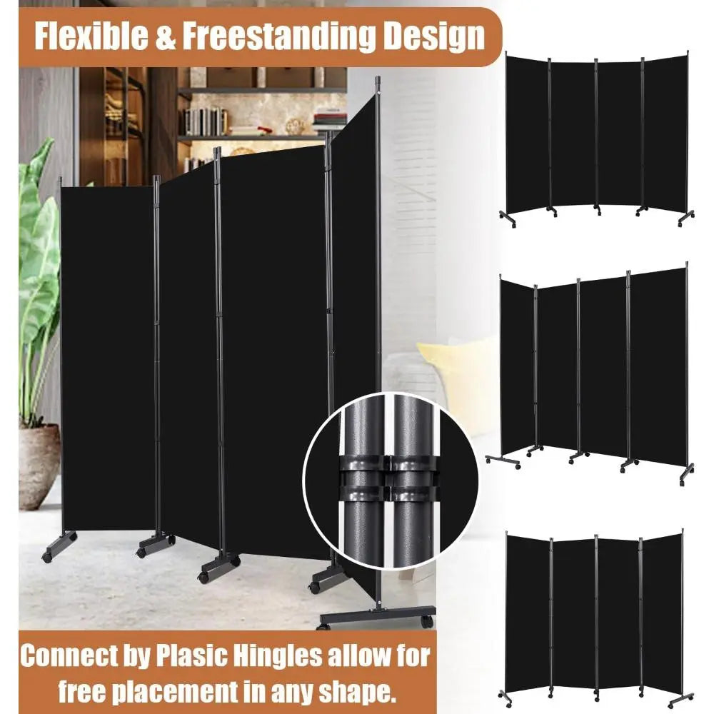 Portable Room Divider - 4 Panel Folding Privacy Screens | Freestanding Fabric Room Divider with Wheels for Home, Office & Hospital - Versatile Partition for Room Separation Furniture Interior