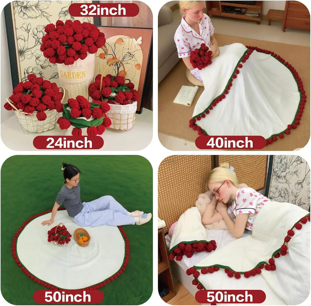 Crochet Flowers Bouquet Blanket, Handmade Rose Blanket, 24-43Inch round Floral Soft and Lightweight Romantic Gifts for Birthday, Wedding, Home Decor, Bed, Sofa-Finished Product，Mother'S Day Gift