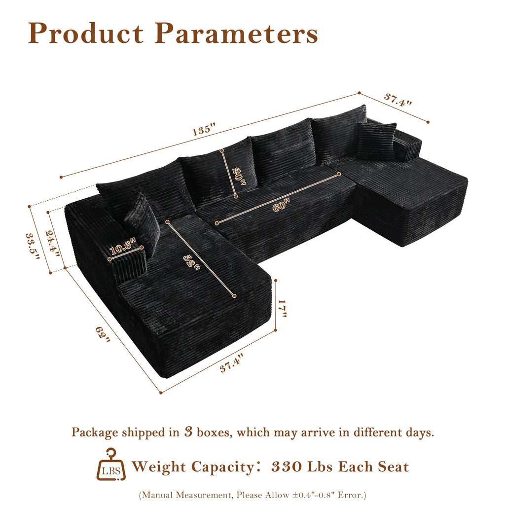【Summer Vibes】Xizzi 135" U-Shape Sectional Cloud Couch with Chaise Modular Deep Seating Sofa, Premium High-Density Foam & Plush Corduroy, Upholstered Soft Couch, Modern Living Room Furniture Durable Comfortable Design, No Assembly Required