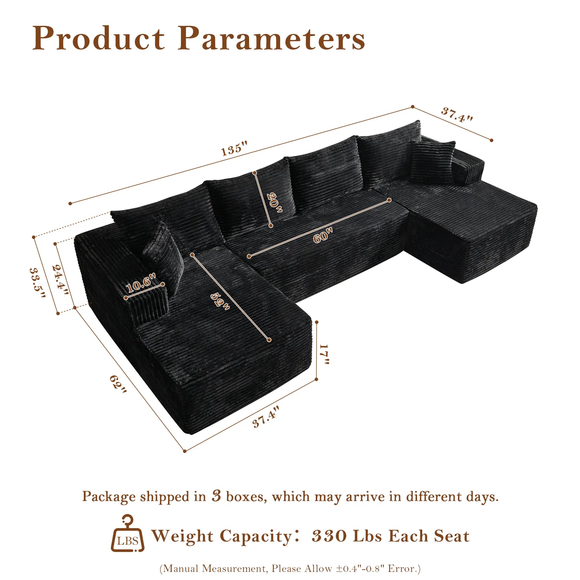 【Summer Vibes】Xizzi 135" U-Shape Sectional Cloud Couch with Chaise Modular Deep Seating Sofa, Premium High-Density Foam & Plush Corduroy, Upholstered Soft Couch, Modern Living Room Furniture Durable Comfortable Design, No Assembly Required