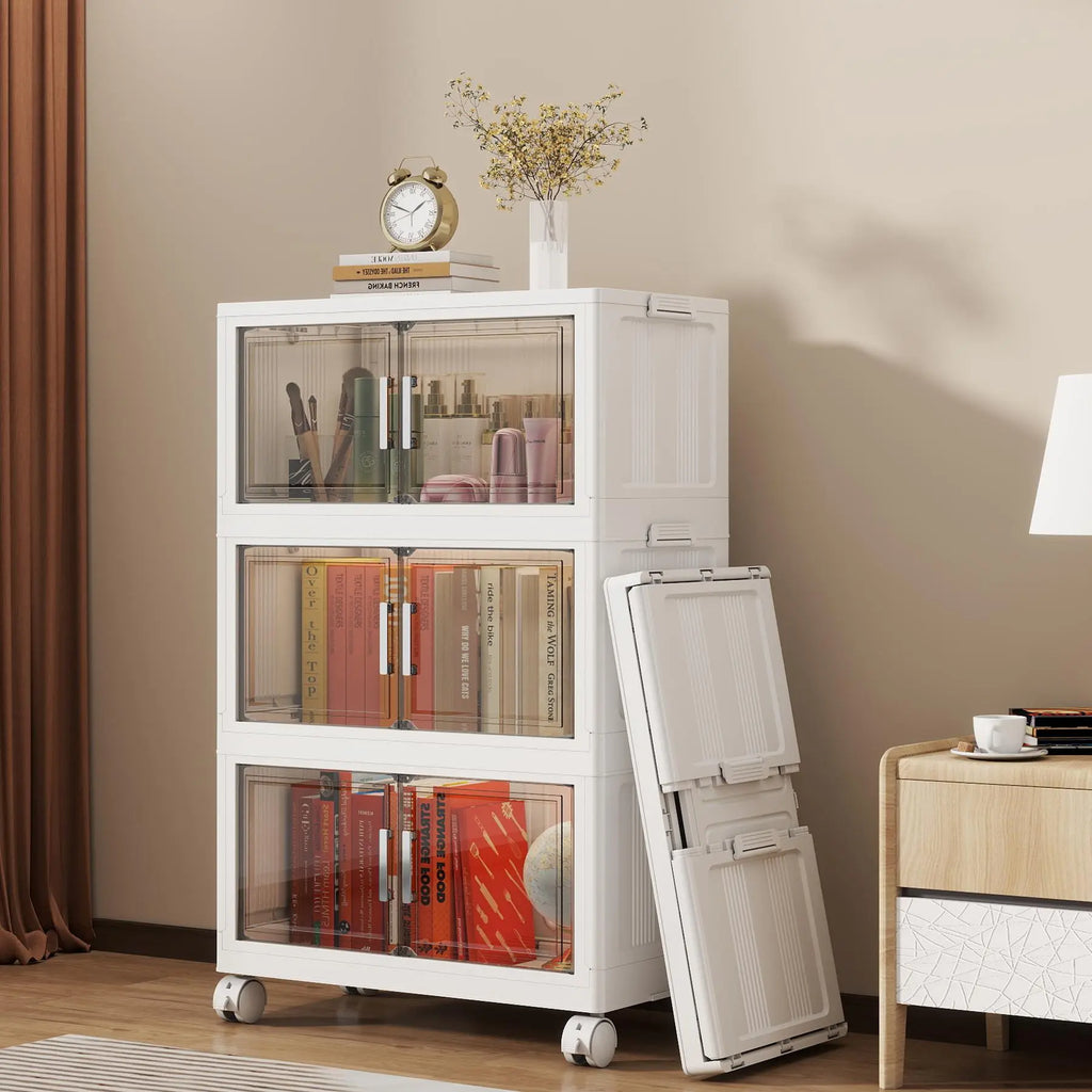 Naviconvex 400QT / 600QT / 750QT XXXXL Extra Large Foldable Storage Cabinet with Magnetic Doors & Wheels – 25.6In / 29.5In / 34.7In Width, 3/4/5 Tier Stackable Plastic Organizer for Kitchen, Bathroom, Bedroom & Closet, Closet Organizati