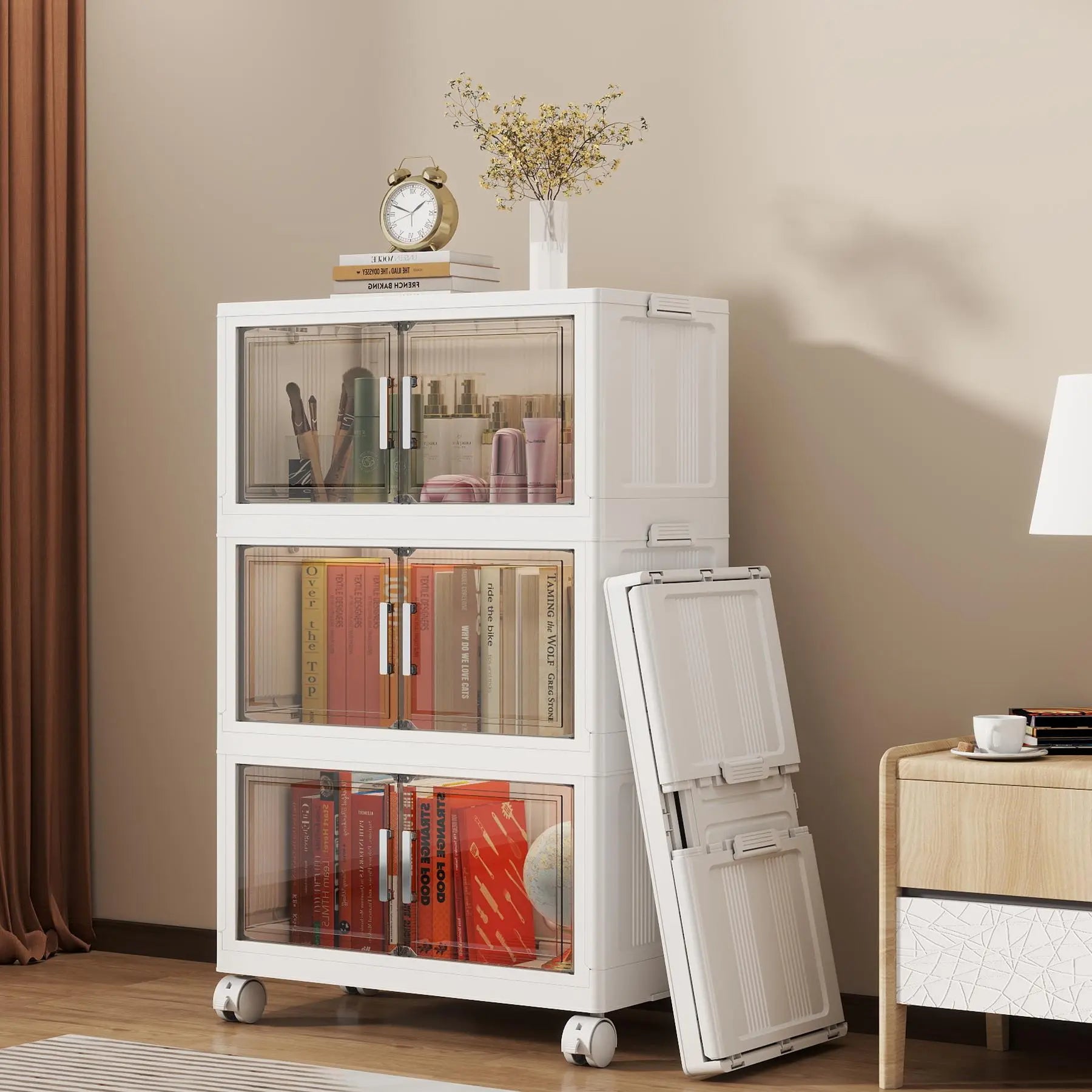 Naviconvex 400QT / 600QT / 750QT XXXXL Extra Large Foldable Storage Cabinet with Magnetic Doors & Wheels – 25.6In / 29.5In / 34.7In Width, 3/4/5 Tier Stackable Plastic Organizer for Kitchen, Bathroom, Bedroom & Closet, Closet Organizati