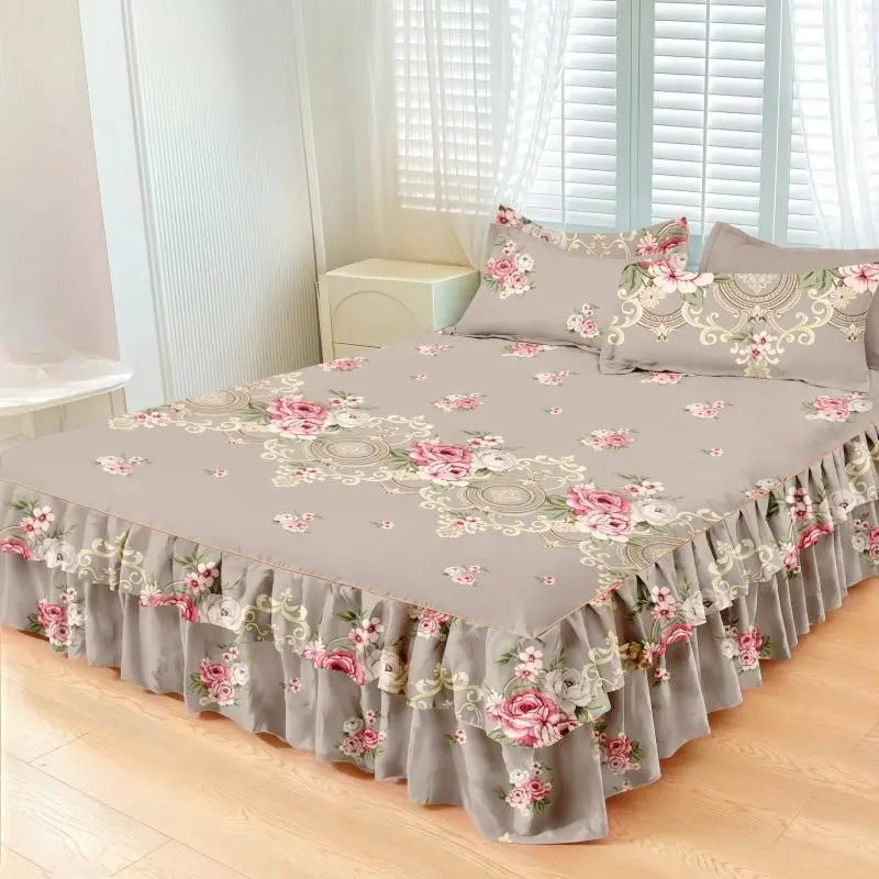 Floral Print Ruffled Edge Bed Skirt Set, 3-Count Set Including 1 Bed Skirt and 2 Pillowcases without Filler, Comfortable Bedding Set for Home Bedroom