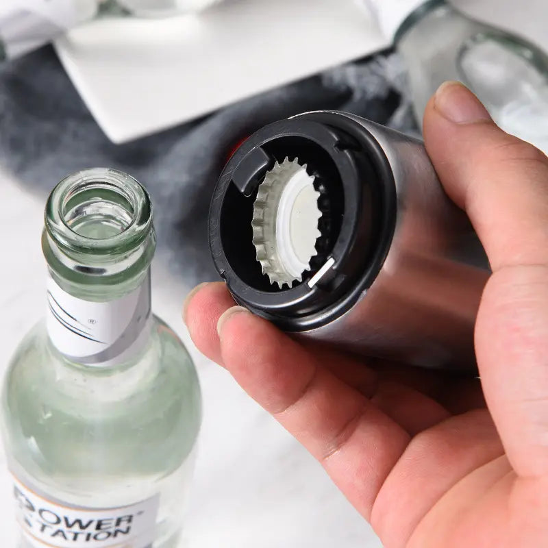 Premium Beer Bottle Opener (Silver), Magnetic Automatic Stainless Steel Push down Opener, No Cap Can Escape, Quick Open Cap for Kitchen Home Bar Restaurant Household Utensils
