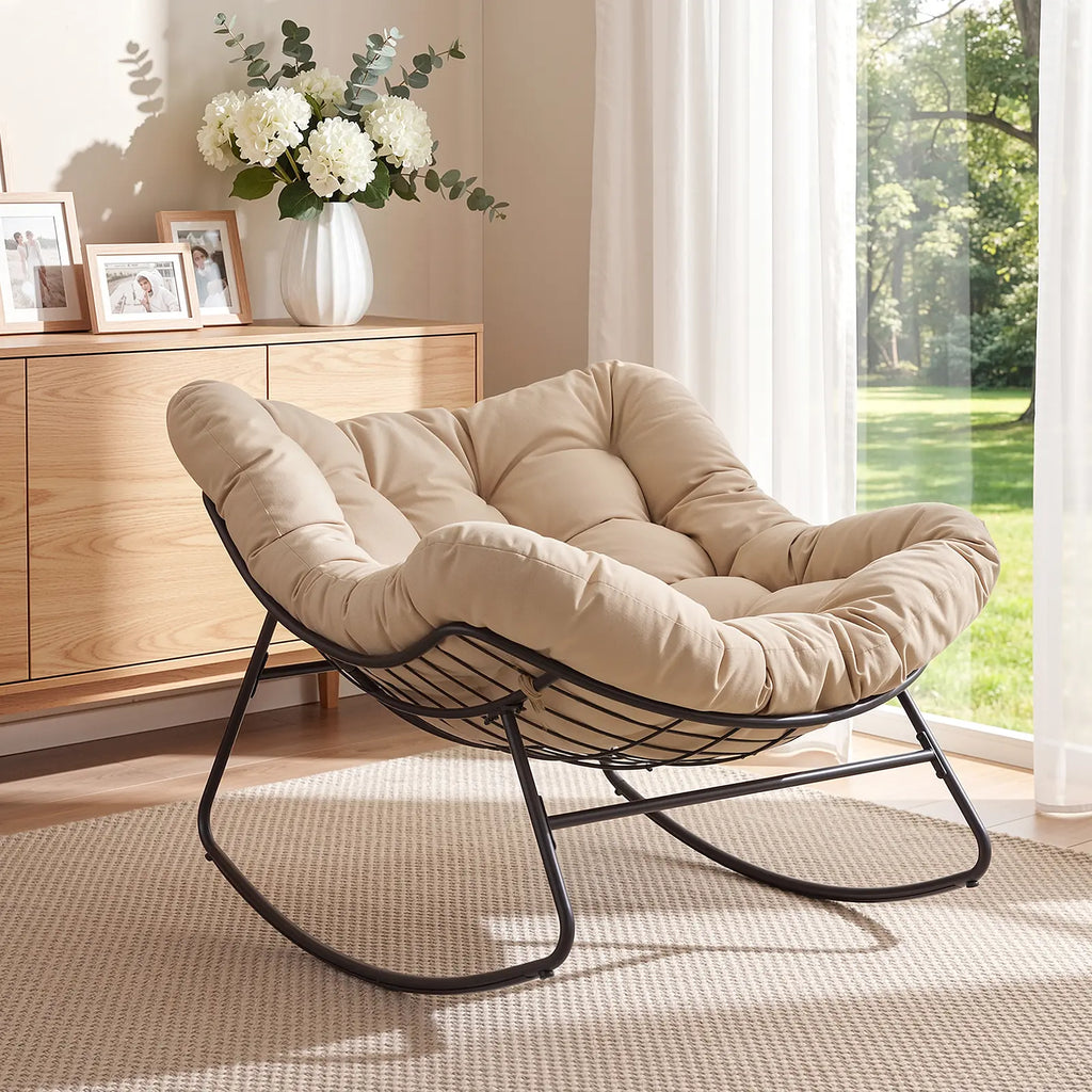 Papasan Rocking Chair Indoor, Oversized Rocking Chair with Thickened Cushion, 450 Lbs Large Comfy Egg Chair Indoor,Cozy Lounge Reading Glider Chair for Bedroom, Blue