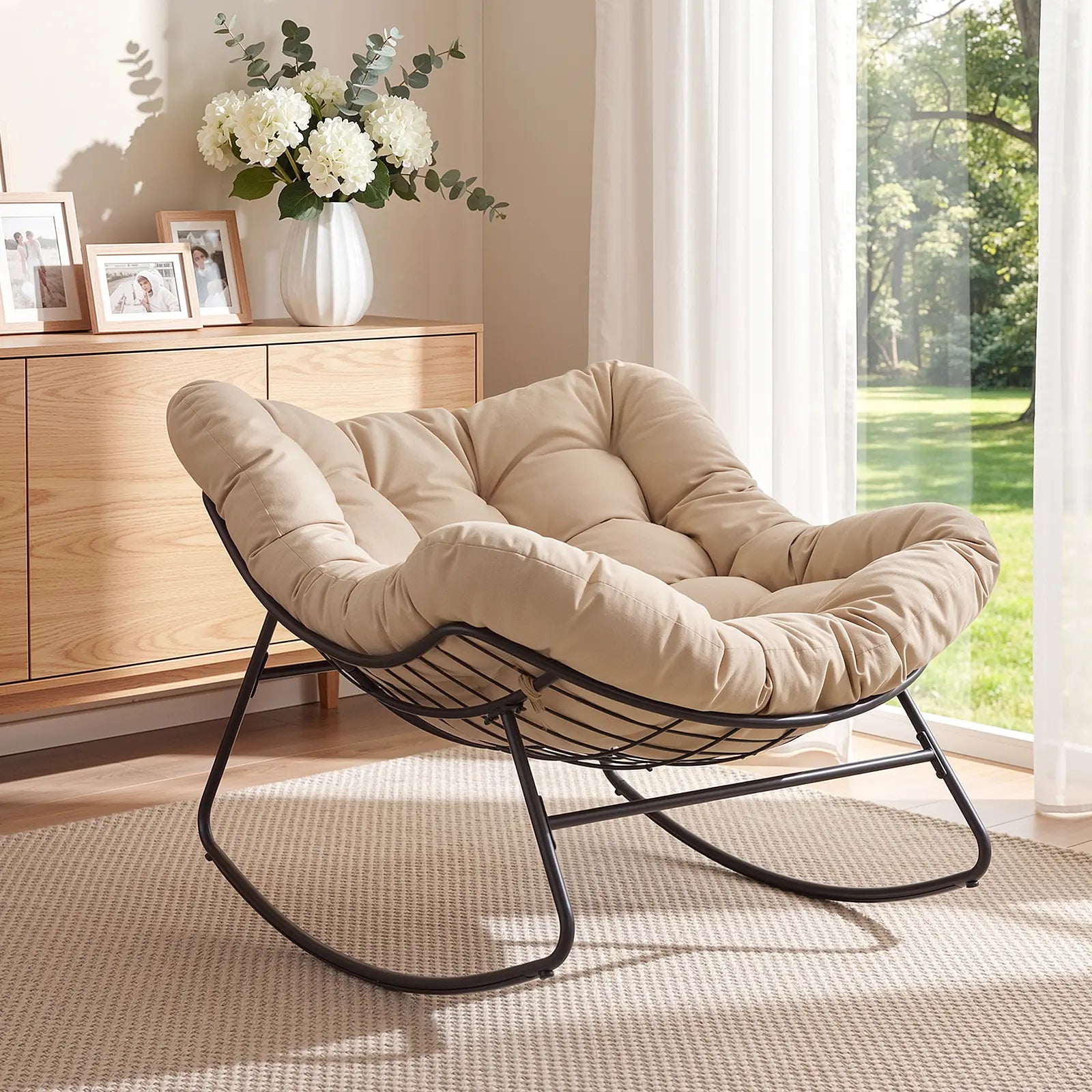 Papasan Rocking Chair Indoor, Oversized Rocking Chair with Thickened Cushion, 450 Lbs Large Comfy Egg Chair Indoor,Cozy Lounge Reading Glider Chair for Bedroom, Blue